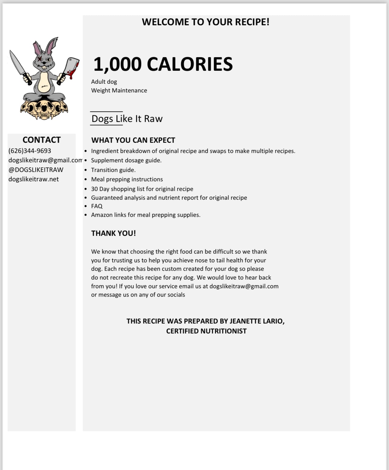 Adult Dog 1,000 Calorie Recipe